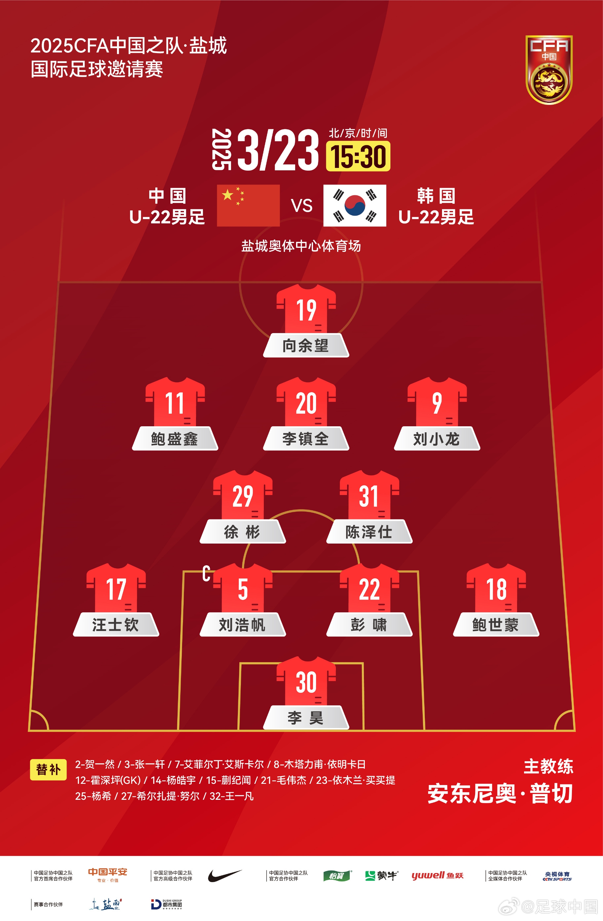 鹽城四國賽，中國U-22男足對陣韓國U-22男足，中國隊首發陣容